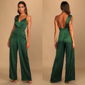 Lulus Look of Luxe Emerald Green Satin Asymmetrical Wide-Leg Jumpsuit | Small